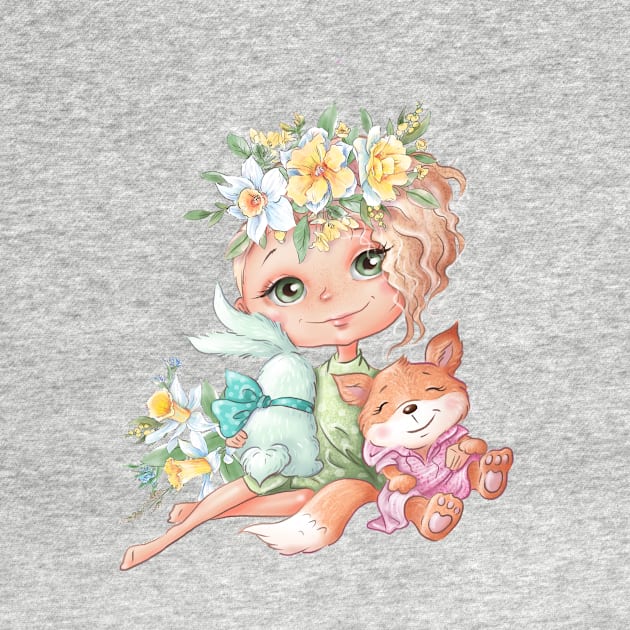 cute cartoon girl with rabbit chanterelle friends with spring flowers by TeresaBridgesqee